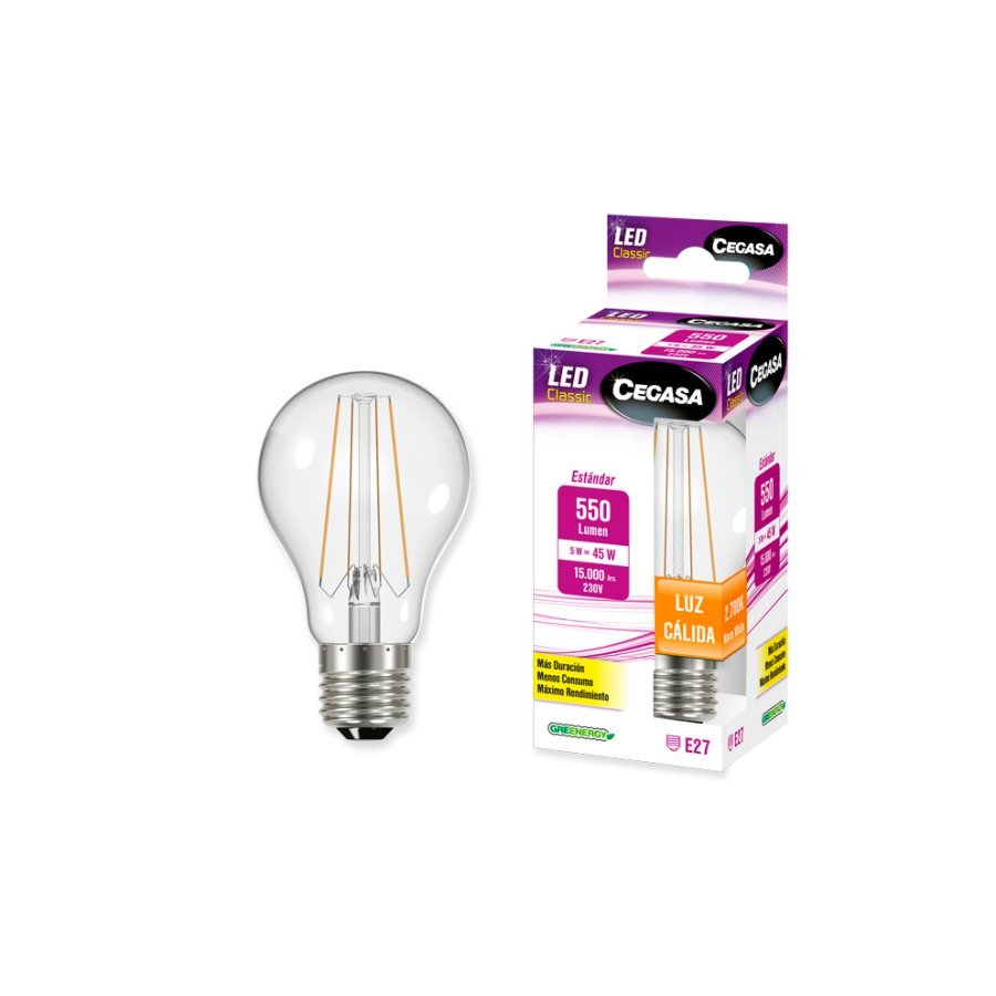 Bombilla CEGASA LED filamento estándar 5W E27 luz cálida