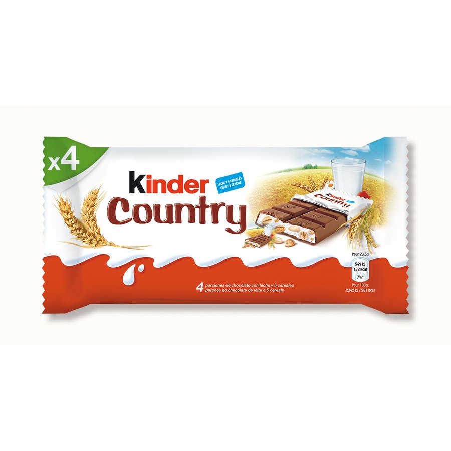 Barritas de chocolate rellenas de leche y cereales KINDER COUNTRY 4 unidades 96 g