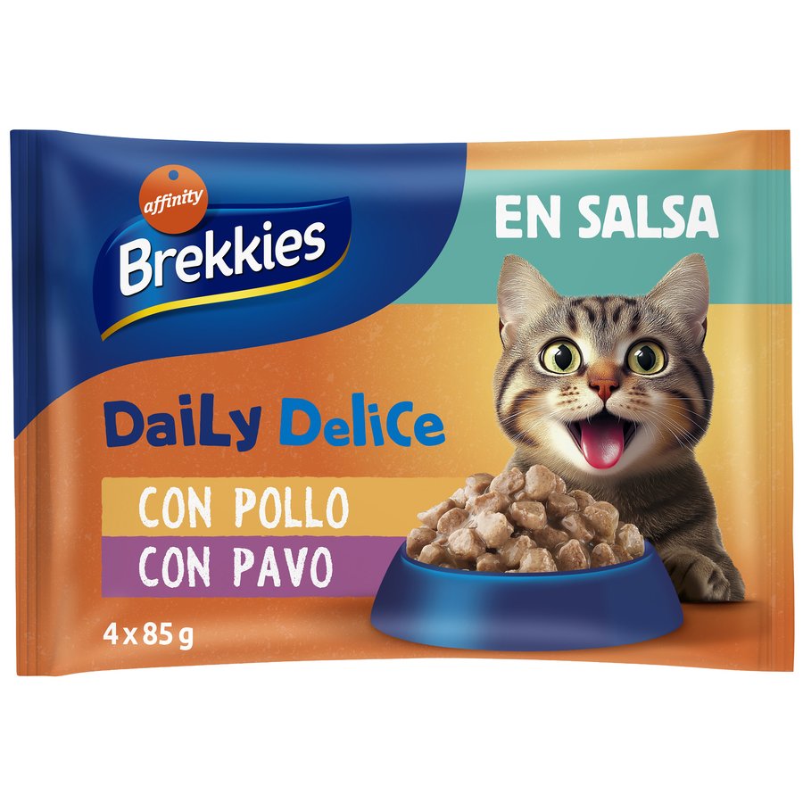Alimento gato BREKKIES Daily Delice pollo-pavo salsa 4x85 g
