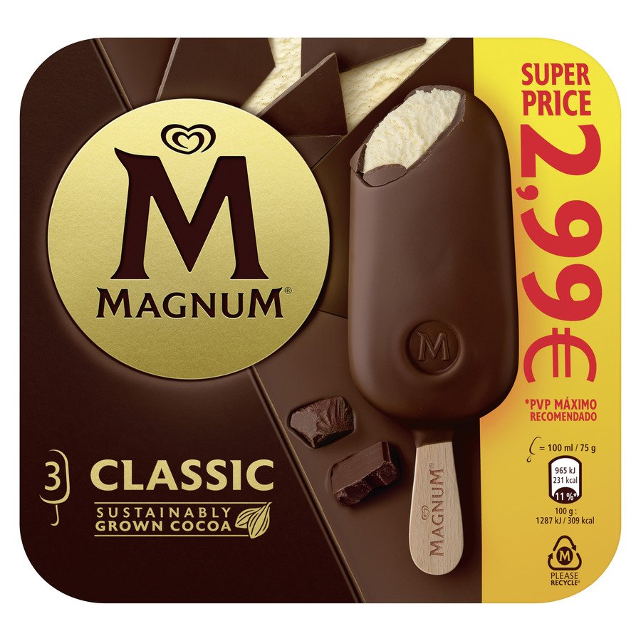 Helado bombón MAGNUM Clásico 3 unidades 225 g