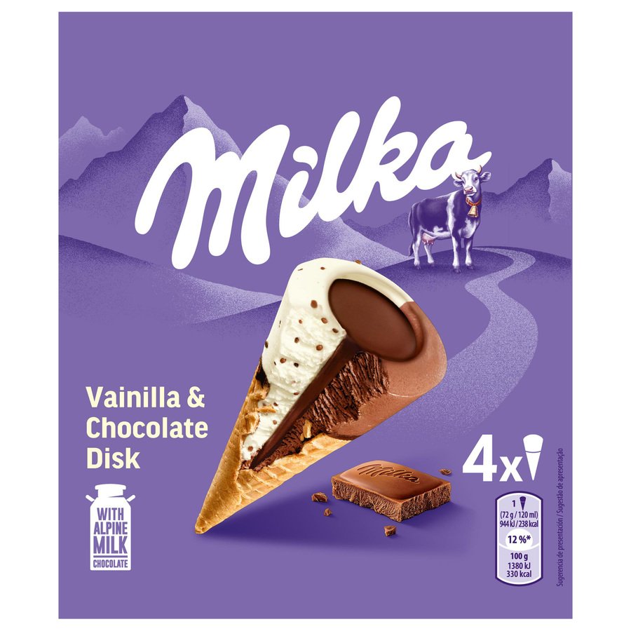 Helado cono MILKA vainilla-choco 4 unidades 288 g