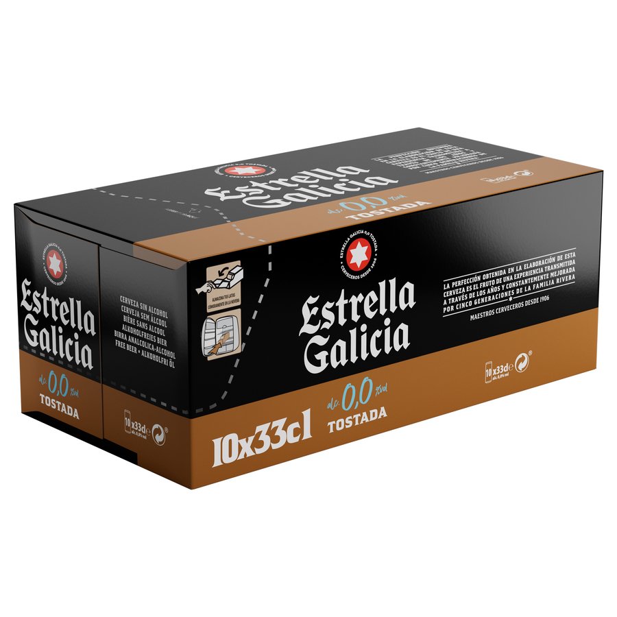 Cerveza ESTRELLA GALICIA Tostada 0,0% lata frigopack 10x33 cl