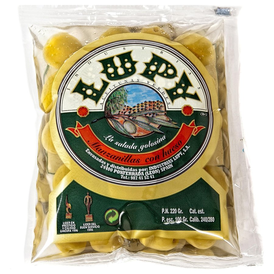 Aceituna verde manzanilla con hueso LUPY bolsa 100 g pne