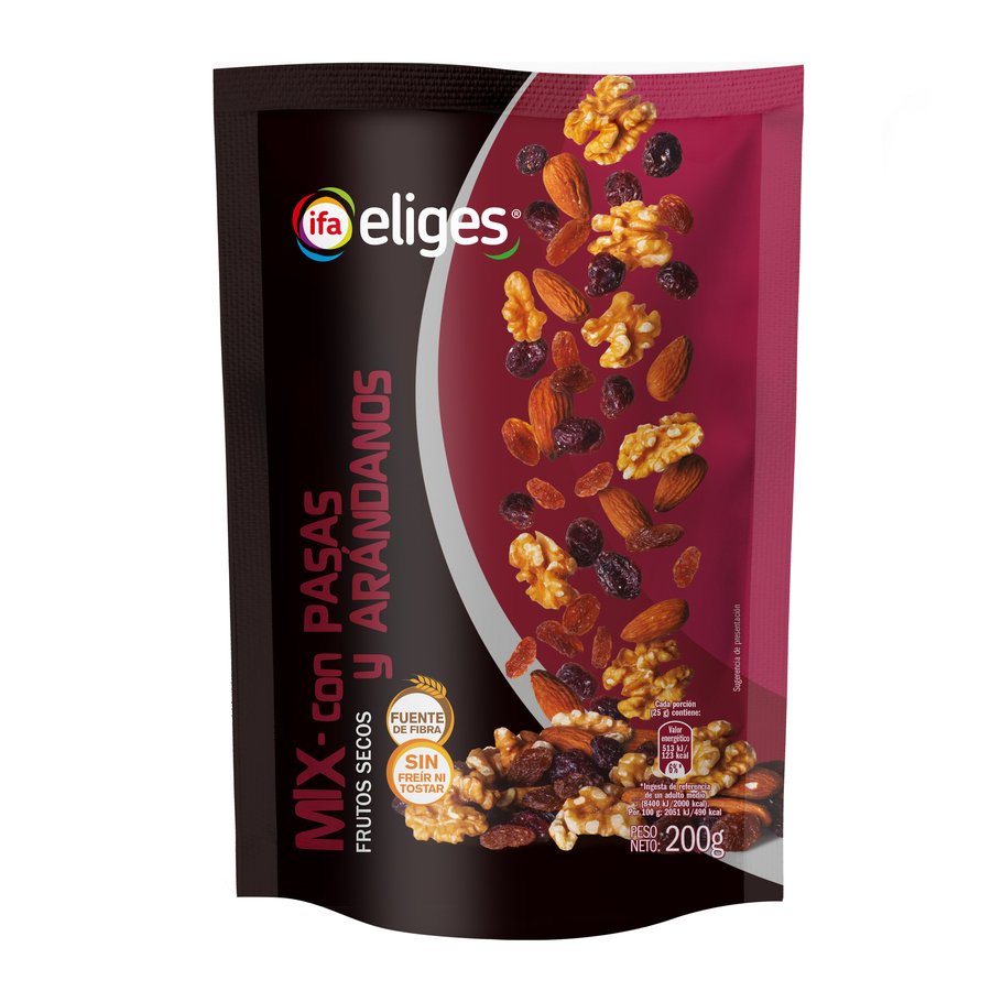 Mix frutos secos crudos con pasas y arandanos IFA ELIGES bolsa 200g