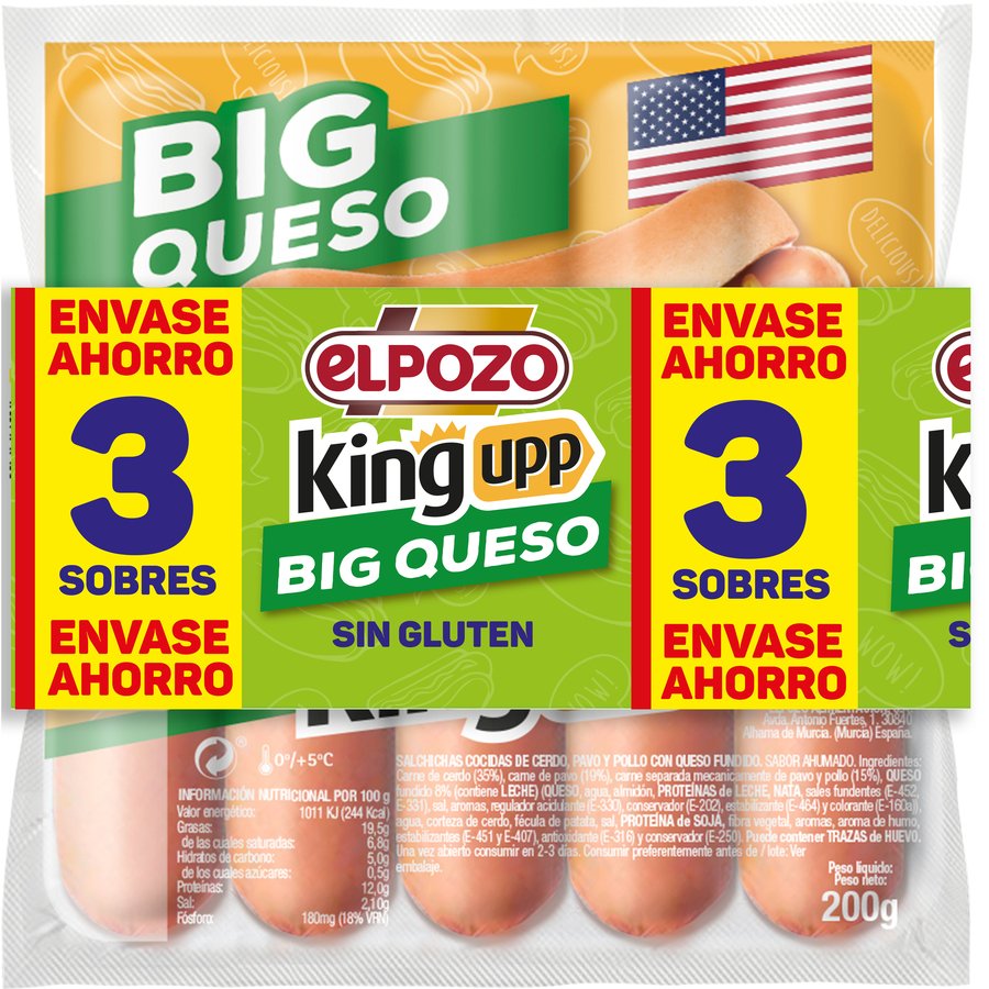 Salchichas ELPOZO King Upp Big Queso pack 3x200 g