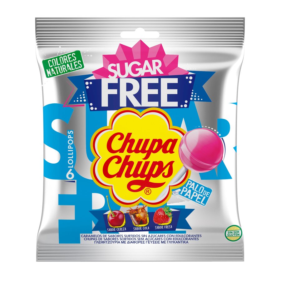 Caramelo palo CHUPA CHUPS sin azúcar sin gluten bolsa 6 unidades 66 g