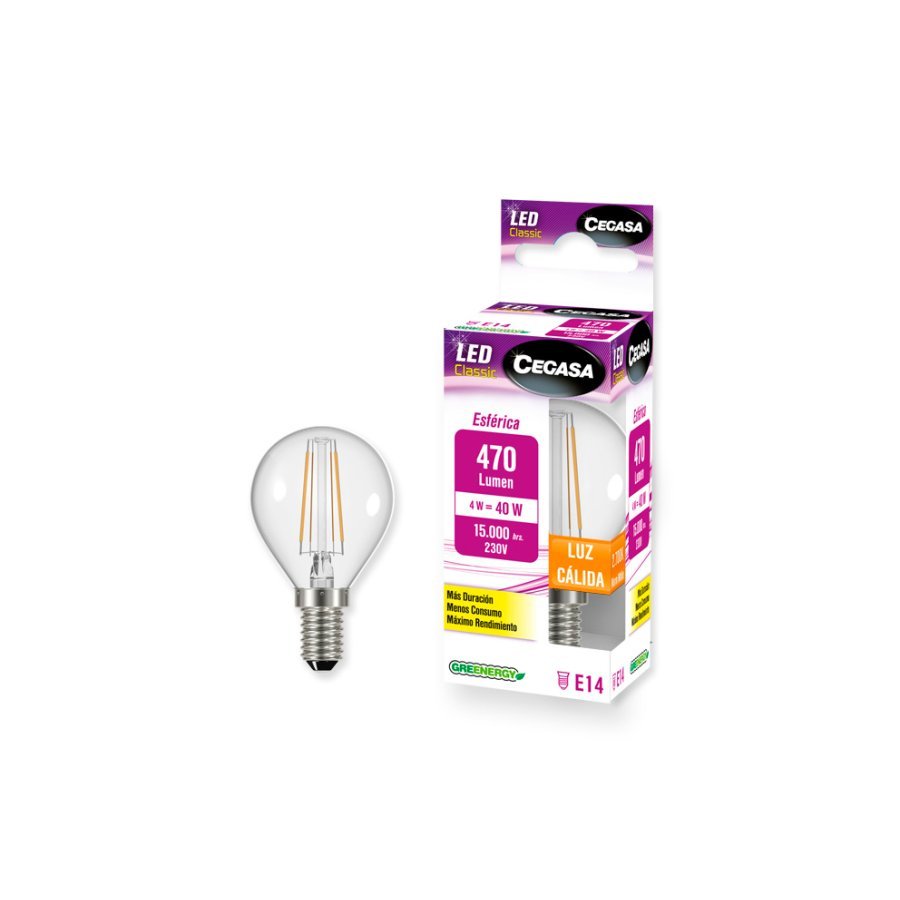 Bombilla CEGASA led filamento esférica 4W E14 cálida
