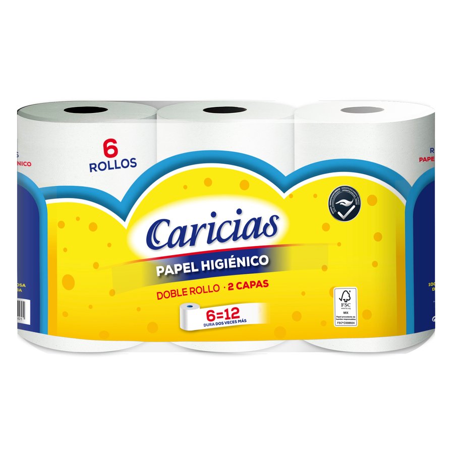 Papel higiénico CARICIAS 2 capas doble rollo paquete 6 = 12 rollos