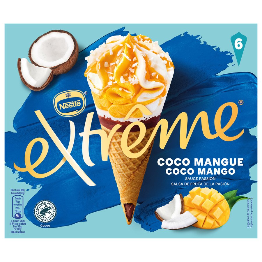 Helado cono NESTLE EXTREME coco mango 6 unidades 414 g