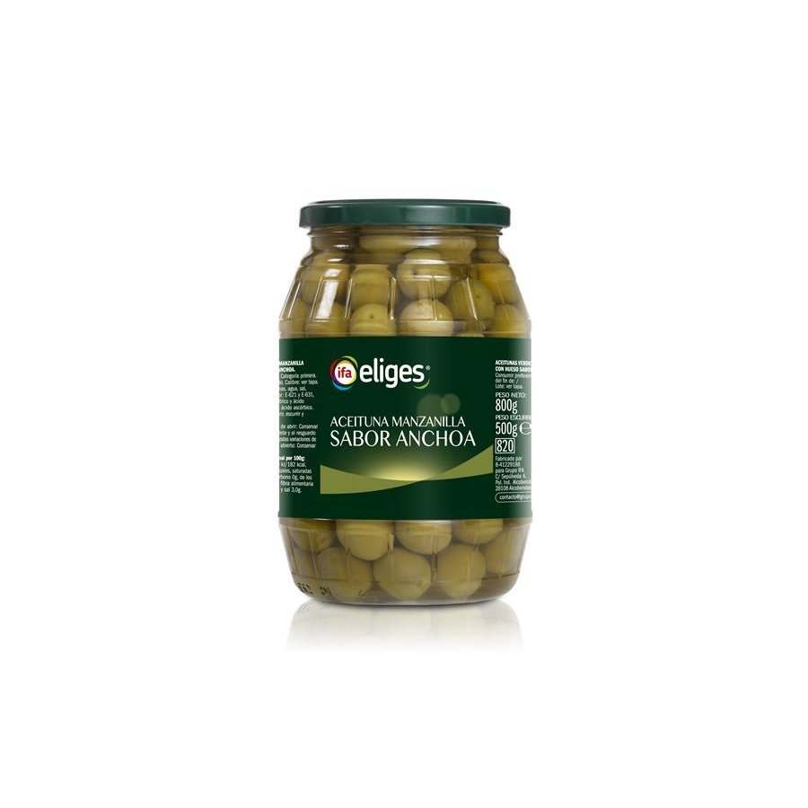 Aceituna verde manzanilla con hueso IFA ELIGES sabor anchoa frasco 500 g pne.