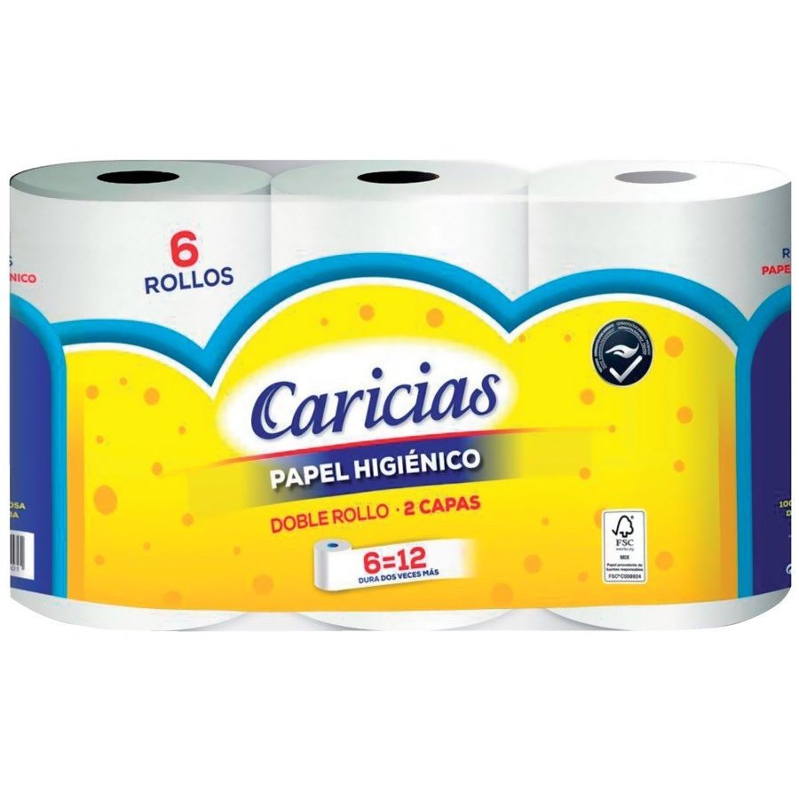 Papel higiénico CARICIAS 2 capas doble rollo paquete 6 = 12 rollos