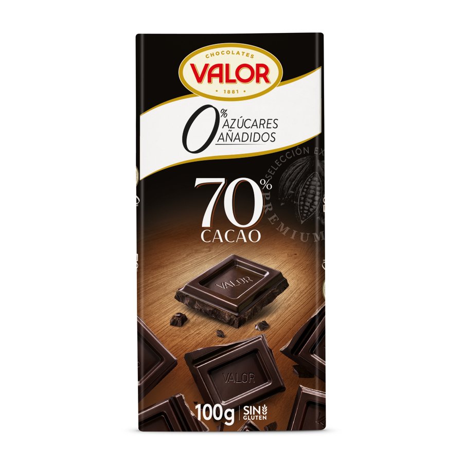 Chocolate negro VALOR 70% cacao sin azúcar añadido tableta 100 g