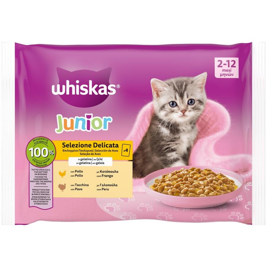 Alimento gato WHISKAS junior selección aves gelatina 4x85 g