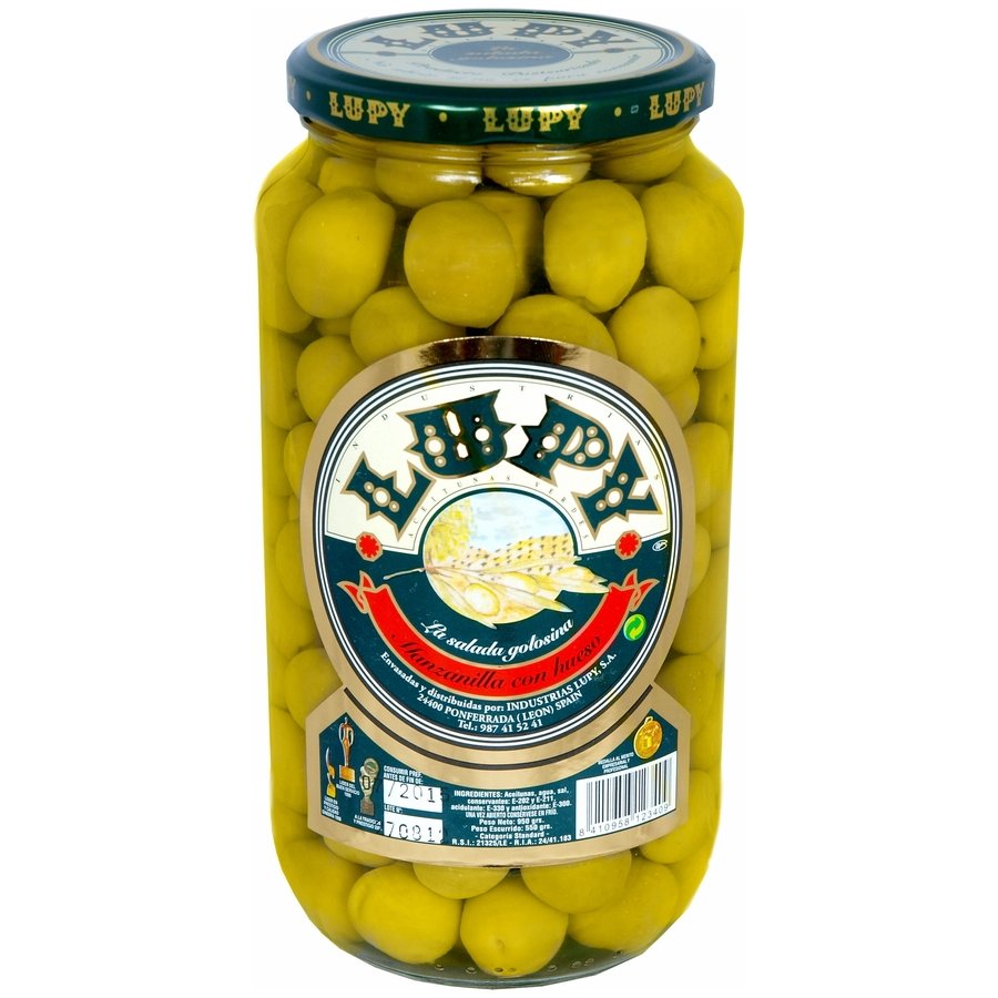 Aceituna verde manzanilla con hueso LUPY frasco 550 g pne