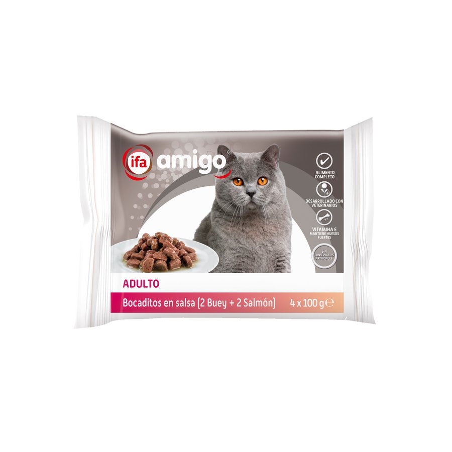 Alimento gato bocaditos salsa buey-salmón IFA AMIGO 4x100 g
