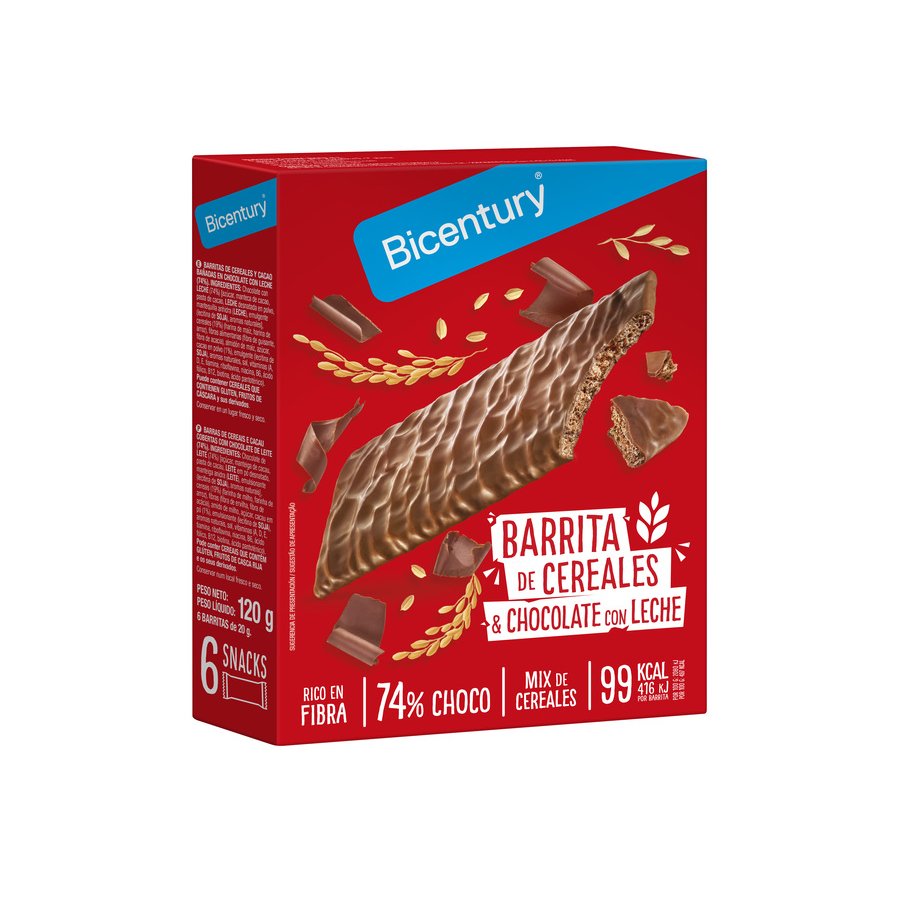 Snack BICENTURY chocolate con leche y cereales 6 unidades 120 g