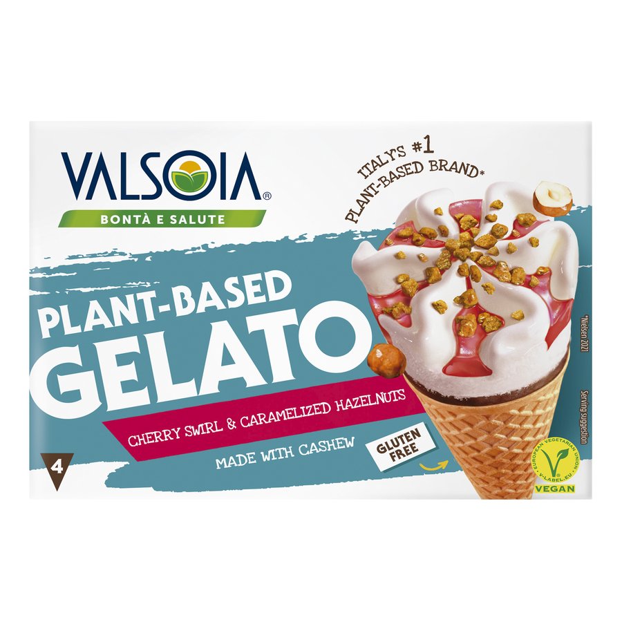 Helado cono anacardos VALSOIA cereza negra y avellanas caramelizadas 4 unidades 300 g