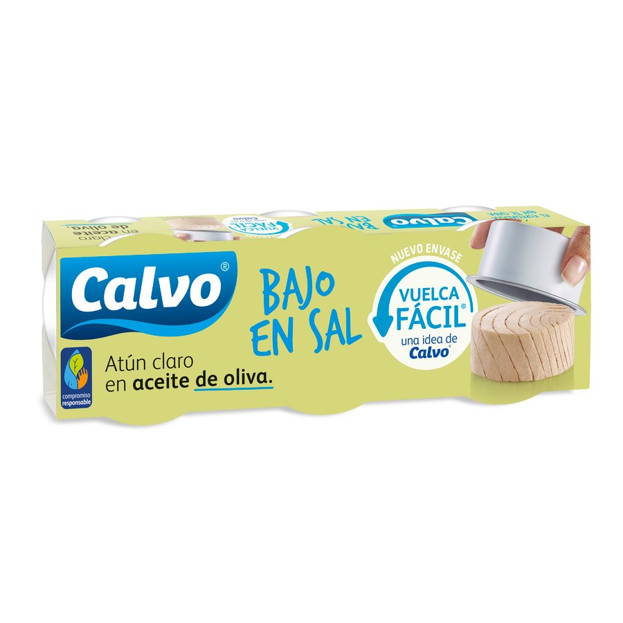 Atún claro en aceite de oliva CALVO bajo en sal vuelca fácil pack 3x65 g pn.