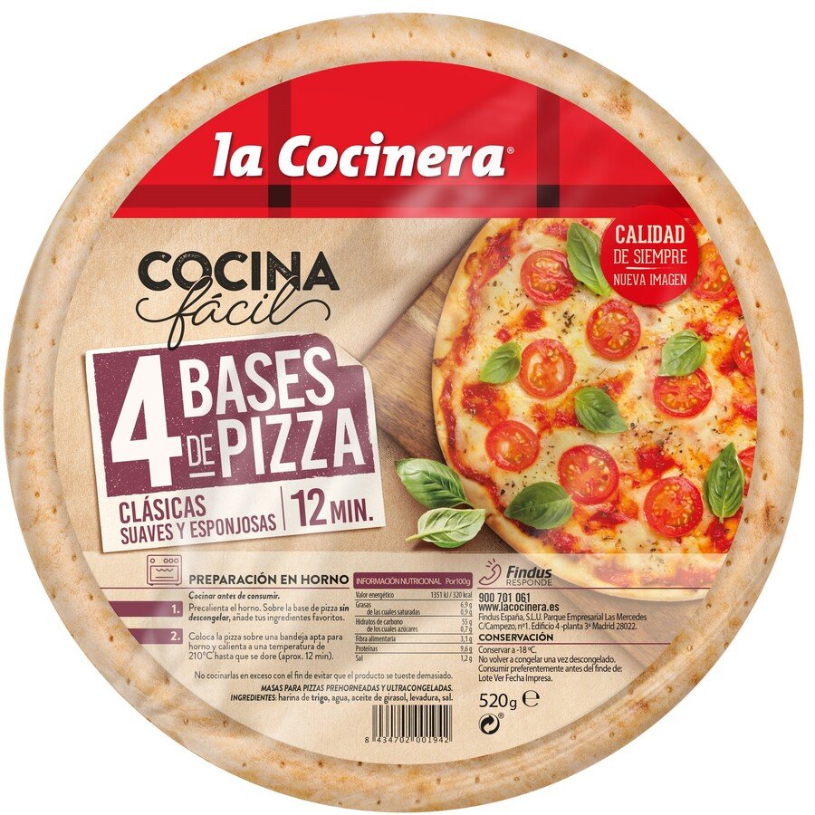Bases pizza congeladas LA COCINERA bolsa 4 unidades 520 g