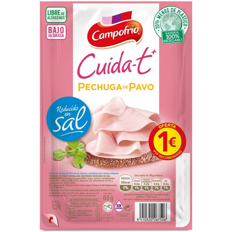 Pechuga pavo CAMPOFRIO Cuida-T+ reducido en sal bajo en grasa 65 g