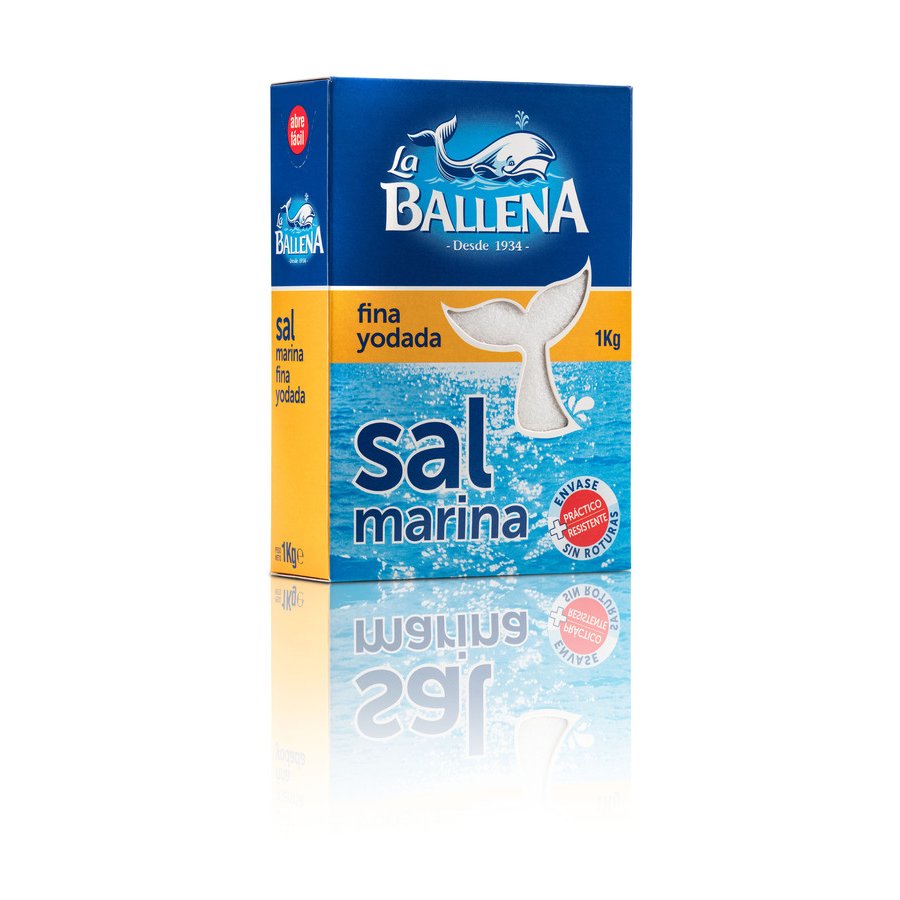 Sal marina LA BALLENA fina yodada caja 1 kg