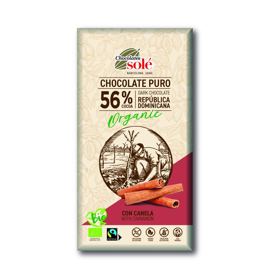 Chocolate negro SOLÉ 56% canela ecológico tableta 100 g