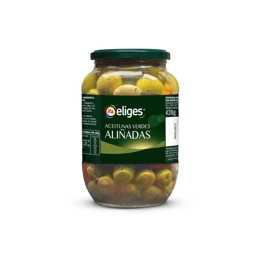 Aceituna aliñada IFA ELIGES con hueso verde frasco 500 g pne.