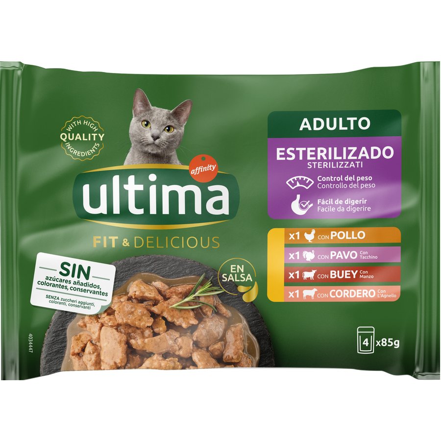 Alimento gato ULTIMA fit&delicious selección carne esterilizados 4x85 g