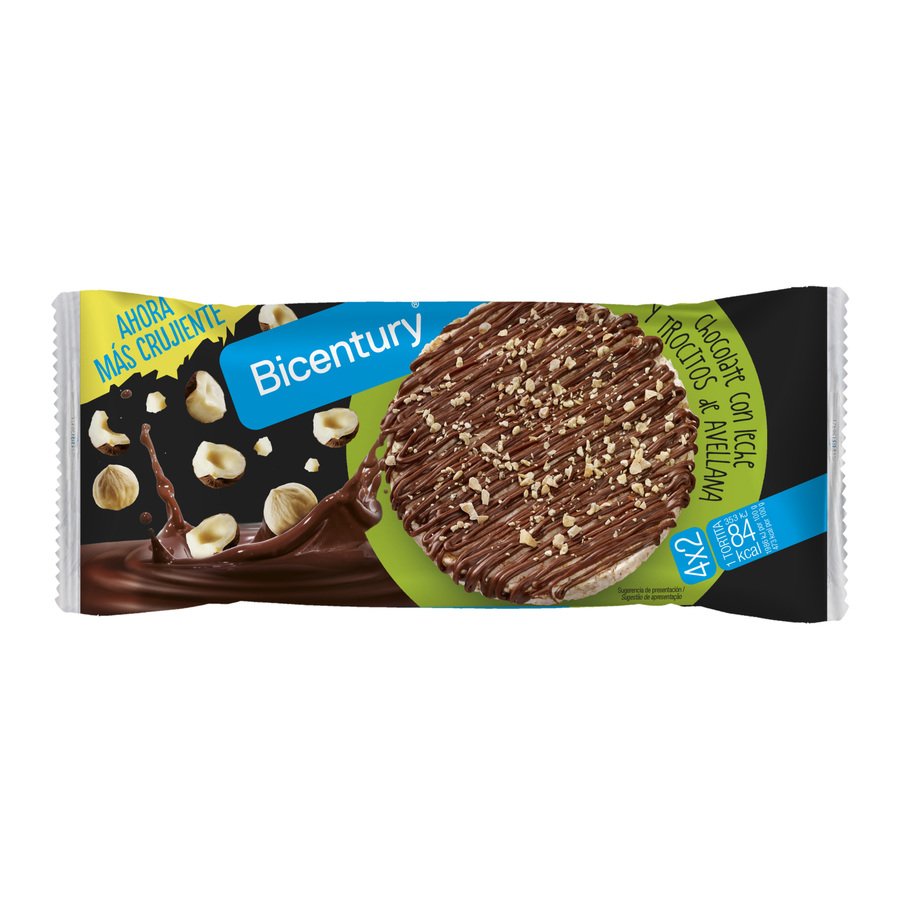 Tortitas de arroz BICENTURY chocolate con leche y trozos avellana 4 x 2 uds 142 g