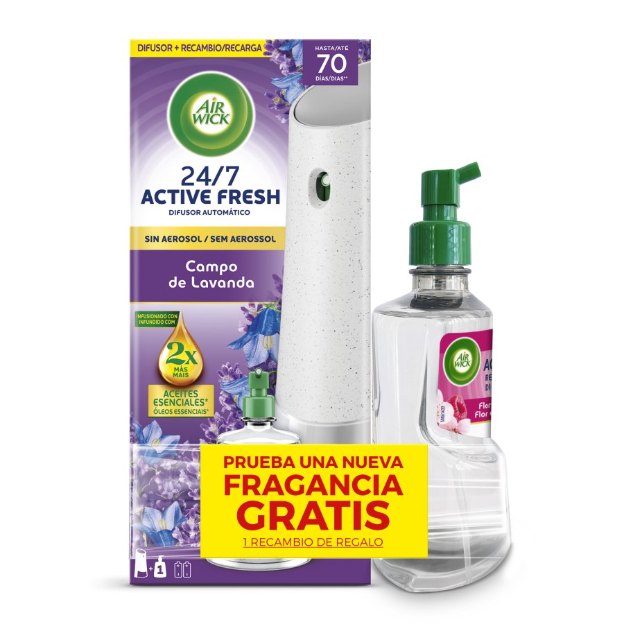 Ambientador pilas AIR WICK active fresh aparato lavanda + recambio cerezo gratis