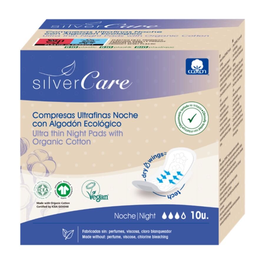 Compresas SILVER CARE 100% algodón ultranoche alas 10 unidades