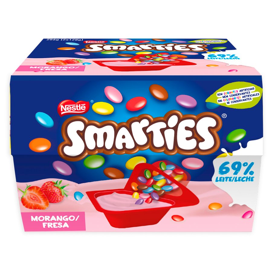 Yogur bicompartido NESTLE smarties fresa pack 2x128 g
