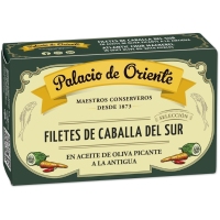 Filetes de caballa del sur PALACIO DE ORIENTE en aceite de oliva picante a la antigua 120 g pn.