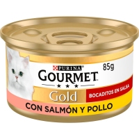 Alimento gato PURINA GOURMET Gold bocadiños en mollo salmón e polo 85 g