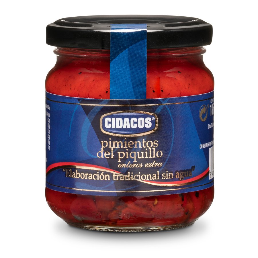 Pimientos piquillo enteros CIDACOS elaboración tradicional Extra frasco 175 g pne.