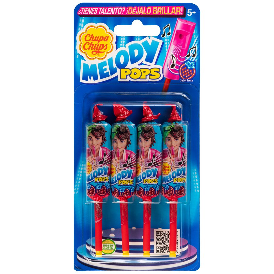 Caramelo palo CHUPA CHUPS Melody pops fresa blister 4 unidades