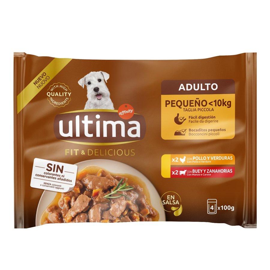 Alimento perro mini ULTIMA Fit&Delicious pollo y buey 4x100 g