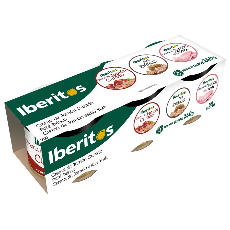 Patés IBERITOS ibérico + jamon York + jamón curado pack 3x80 g