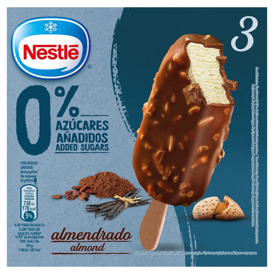 Helado bombón NESTLE almendrado 0% azúcares añadidos 3 unidades 186 g