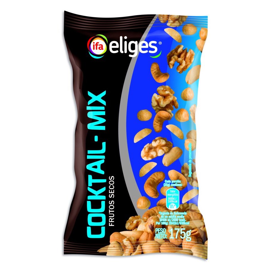 Cocktail mix frutos secos (cacahuetes,anacardos,almendras,nueces y avellanas) IFA ELIGES bolsa 175g