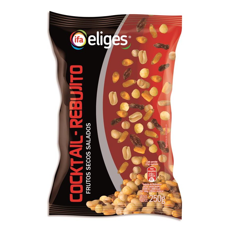 Cocktail frutos secos salados sin cáscara rebujito (maíz,cacah,garb,pasas sult,snacks)IFA ELIG.250g