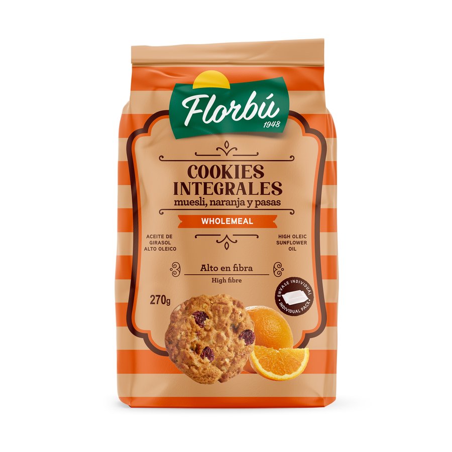 Cookies integrales FLORBU con muesli naranja y pasas 270 g