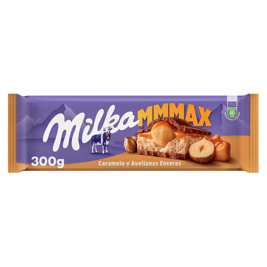 Chocolate con caramelo y avellanas enteras MILKA Mmmax tableta 300 g