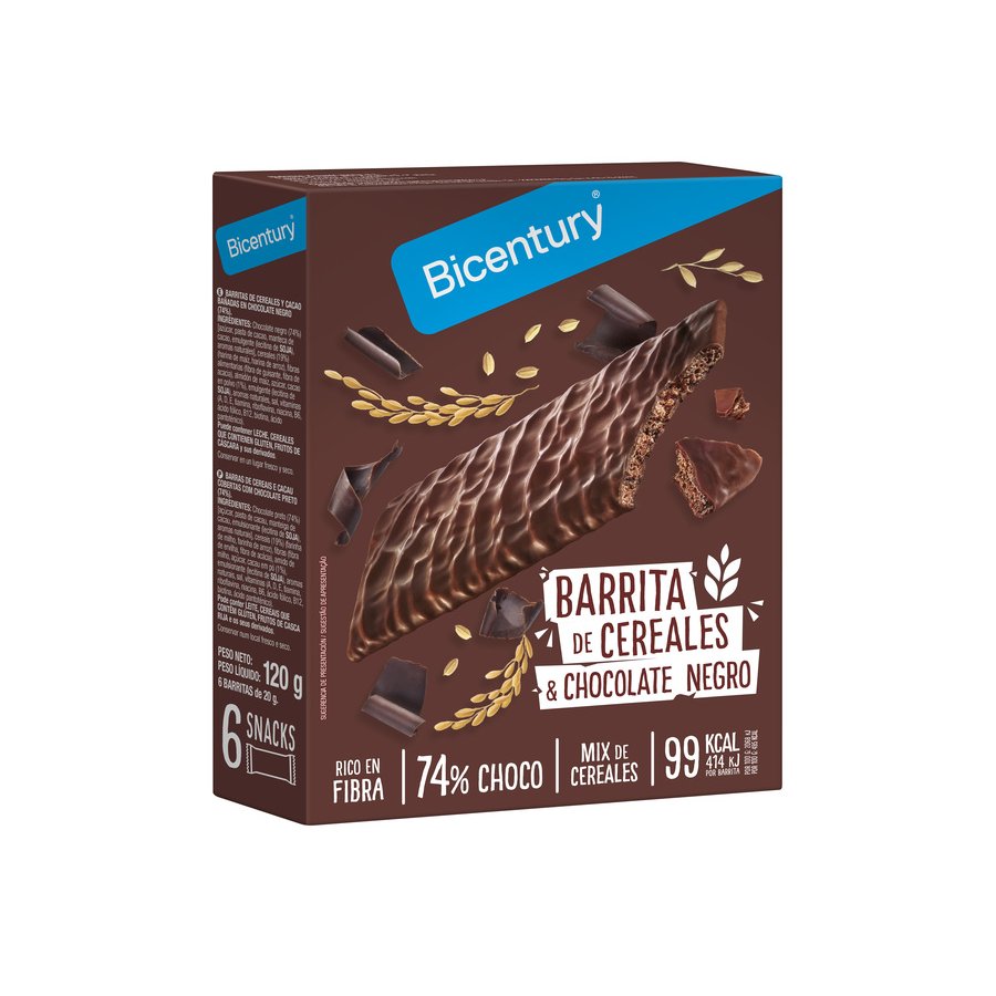 Snack de chocolate negro y cereales BICENTURY 6 unidades 120 g