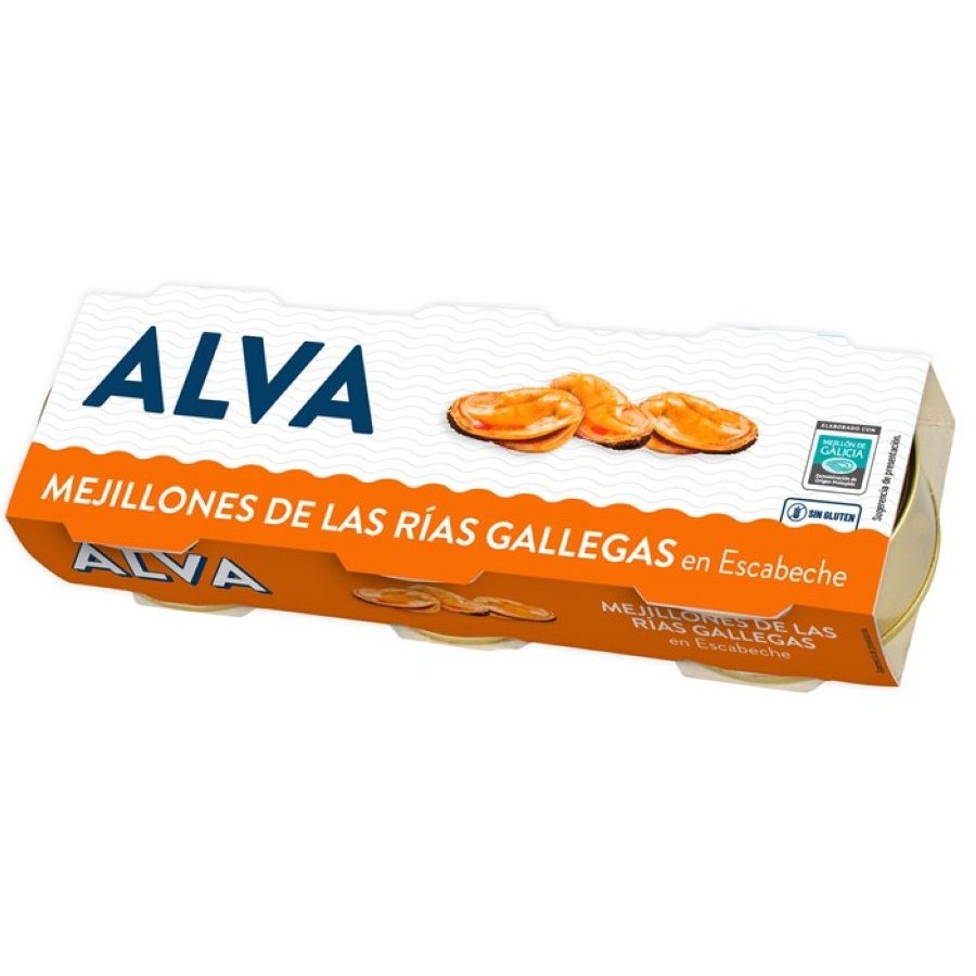 Mejillones de las Rías Gallegas en escabeche ALVA pack 3x80 g pn.