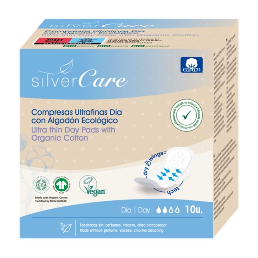 Compresas SILVER CARE 100% algodón ultrafina día alas 10 unidades