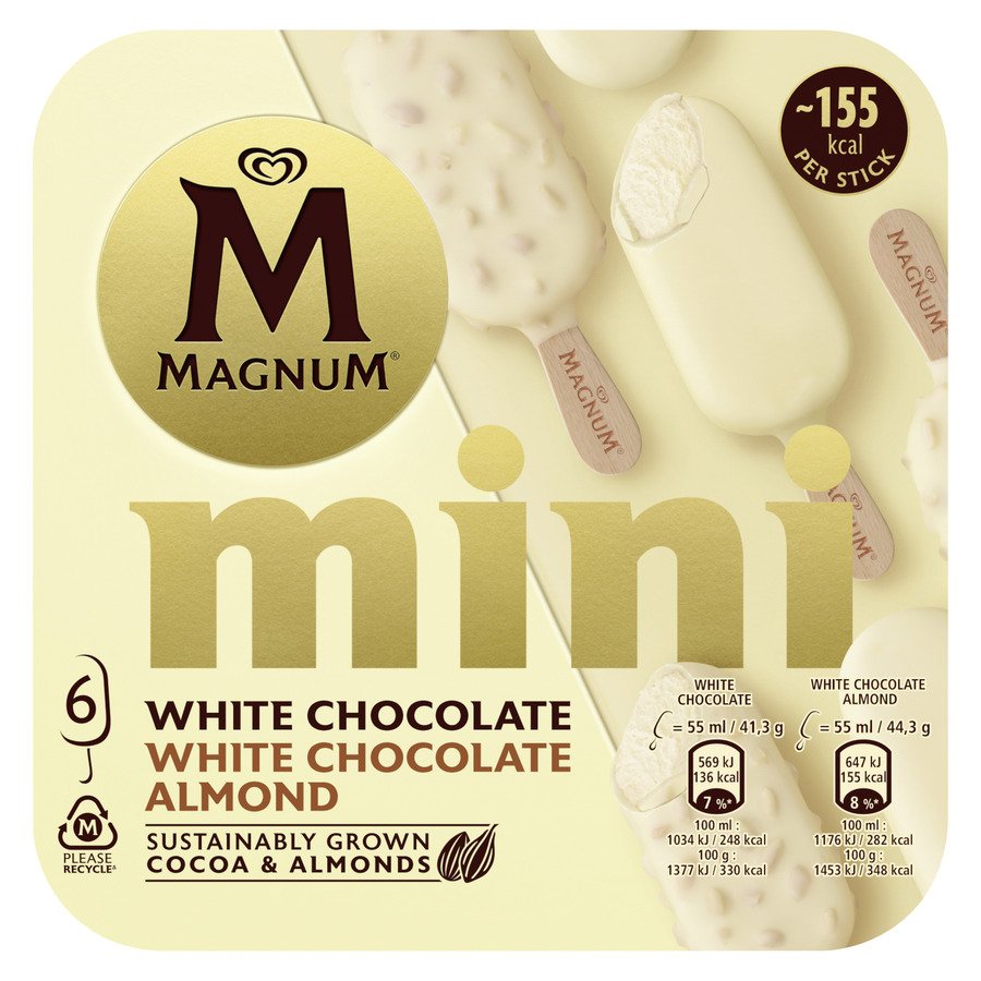 Helado bombón mini MAGNUM chocolate blanco almendra 6 unidades 257 g mini