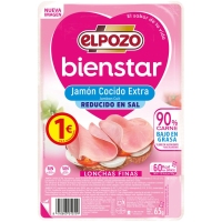 Jamón cocido extra ELPOZO Bienstar bajo en grasa reducido en sal lonchas 65 g
