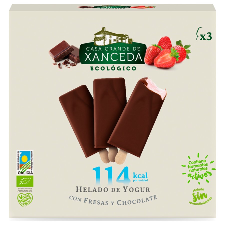 Helado bombón de yogur con fresa y chocolate CASA GRANDE DE XANCEDA pack 3x52 g