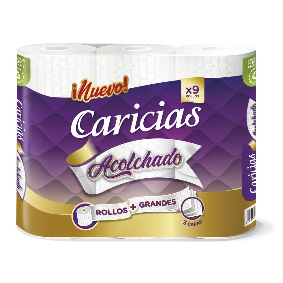 Papel higiénico CARICIAS 3 capas acolchado 9 rollos